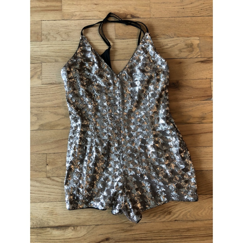 Forever 21 cross strap gold sequin short romper